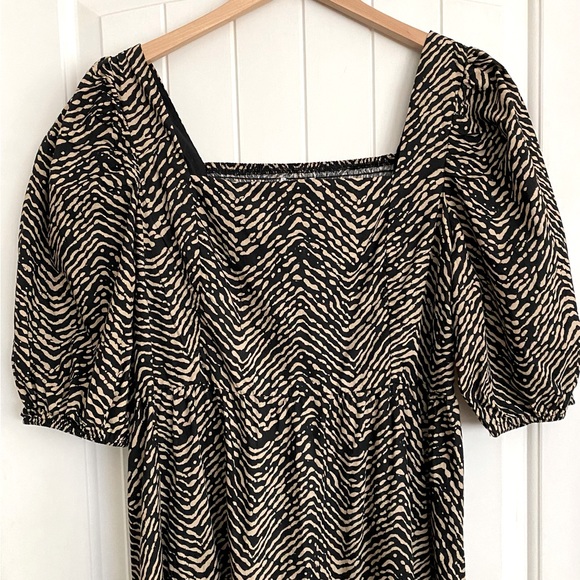 ♦️SOLD♦️ Mango Puff Sleeve Midi Dress Abstract Animal Print Black & Tan Size 10 - Picture 7 of 13